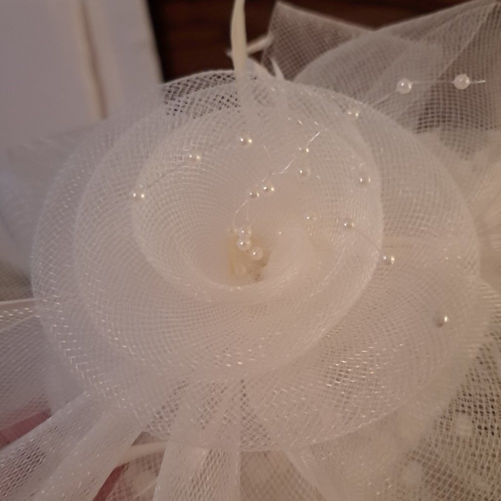 White Facinator With Attached Snood - image 3